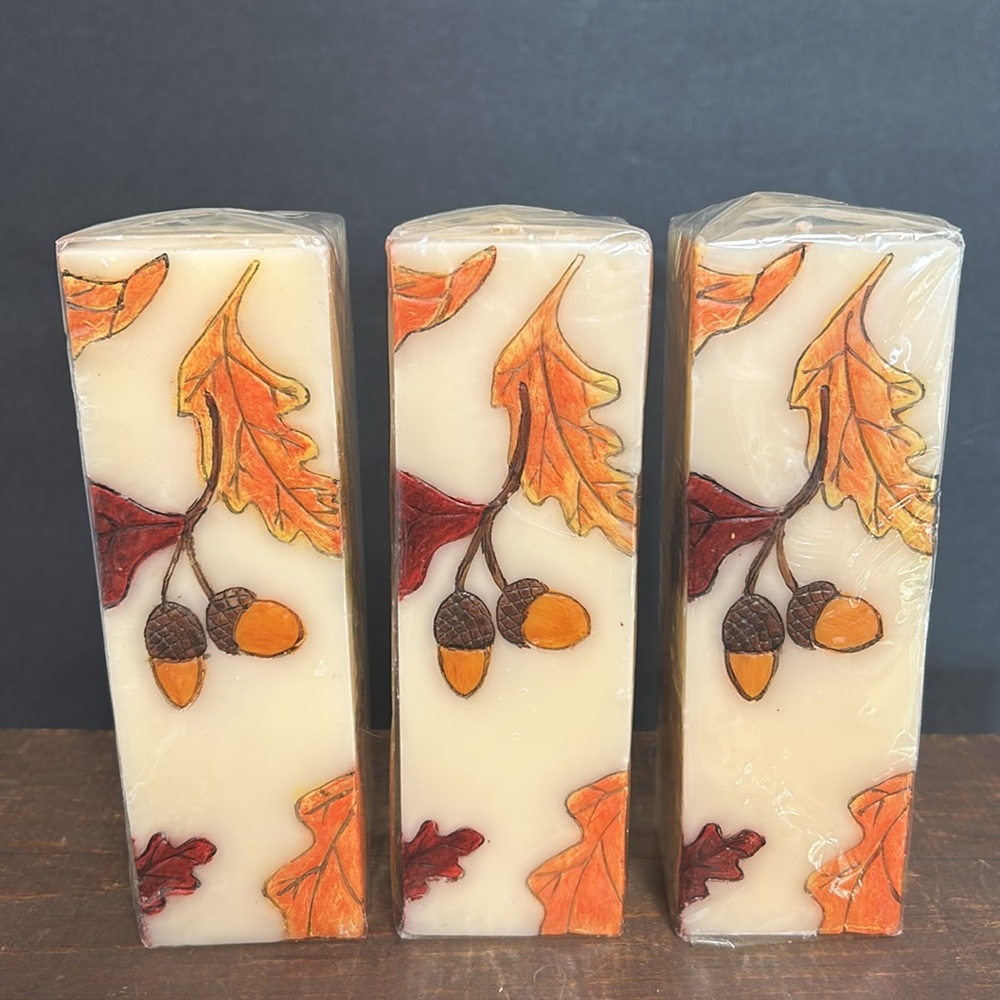 Bill Blass Vintage NWOT Set Of 3 Autumn Season Square Pillar Candles 6” Tall